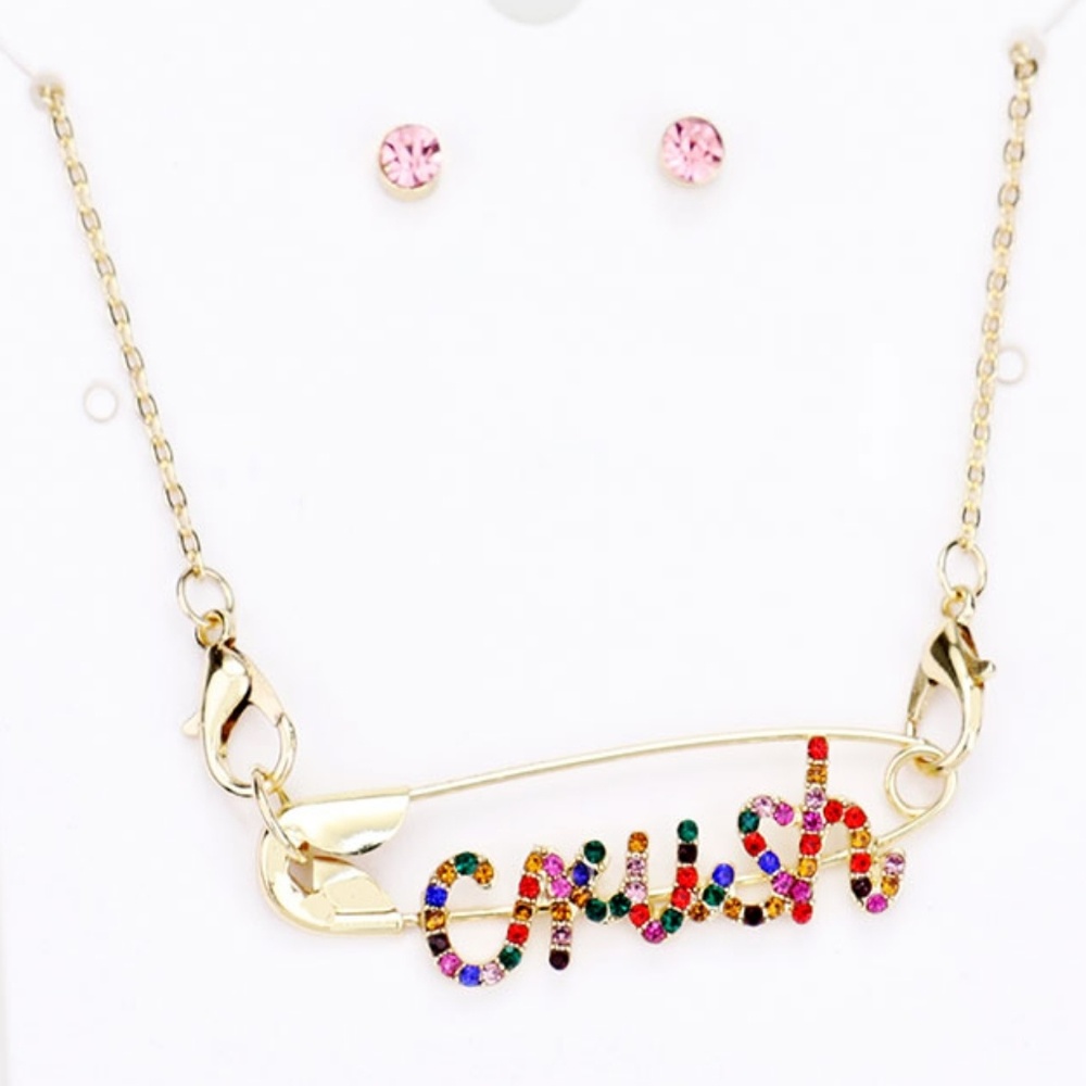 Colorful & Gold CRUSH Safety Pin Crystal Necklace